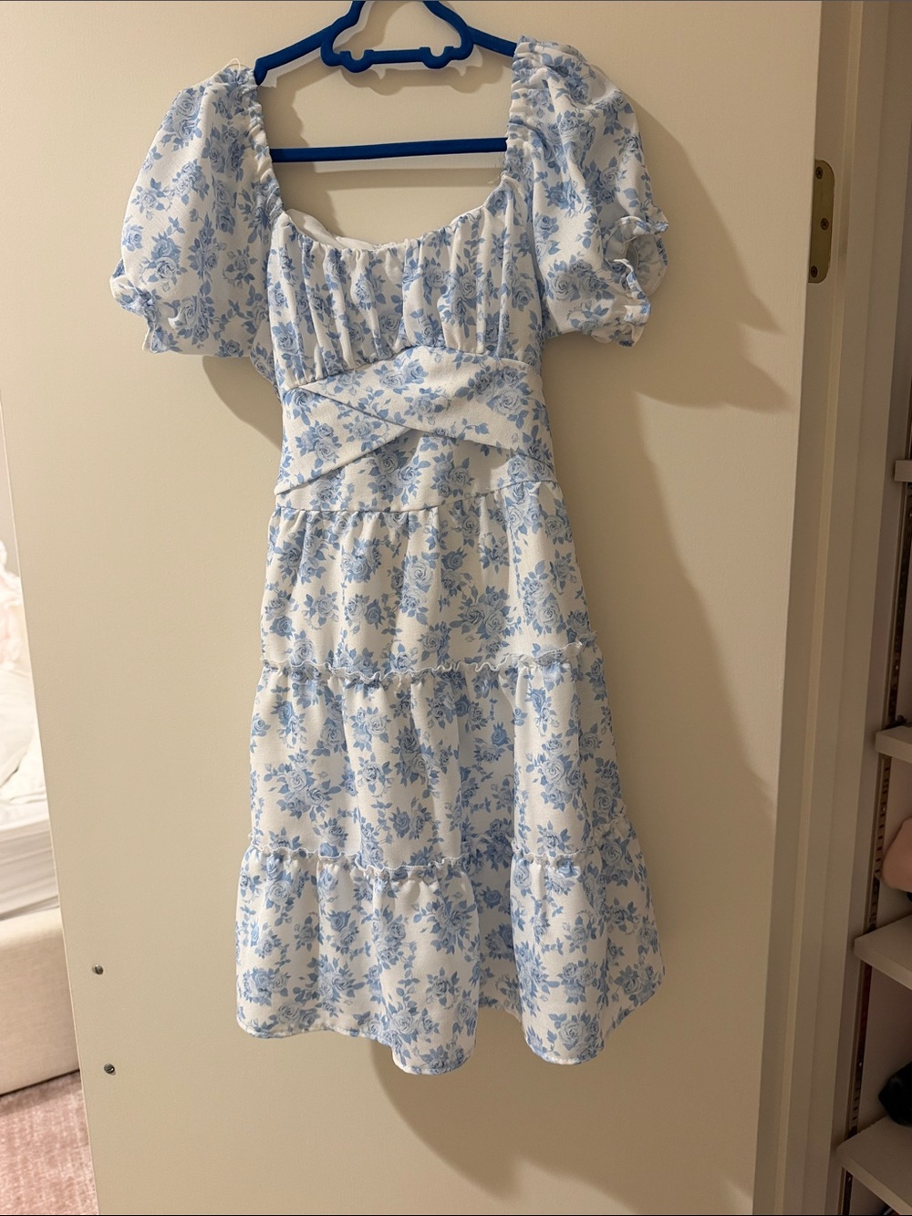 Rare Editions Blue and White Floral Puff-Sleeve Midi Dress